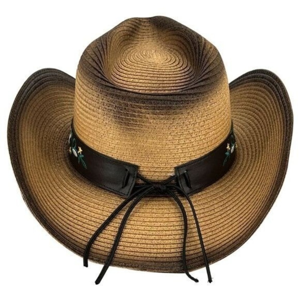 Two Tone Western Paper Straw Cowboy Hat Steer Head Band NWT - Picture 3 of 7